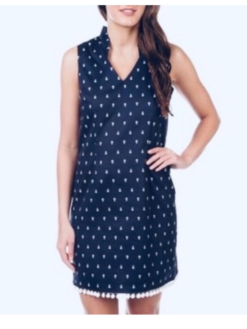 Chetta B Navy Anchor Sleeveless V-Neck Shift Dress with White Pom Pom Hem